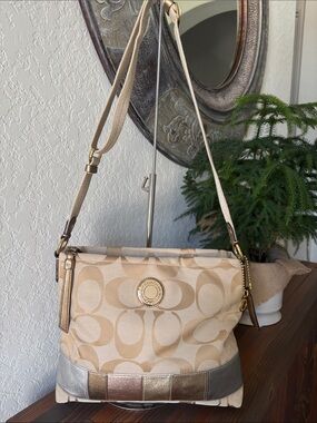 Coach Vintage Signature Patchwork Cream  Shoulder Bag with Metallic Trim